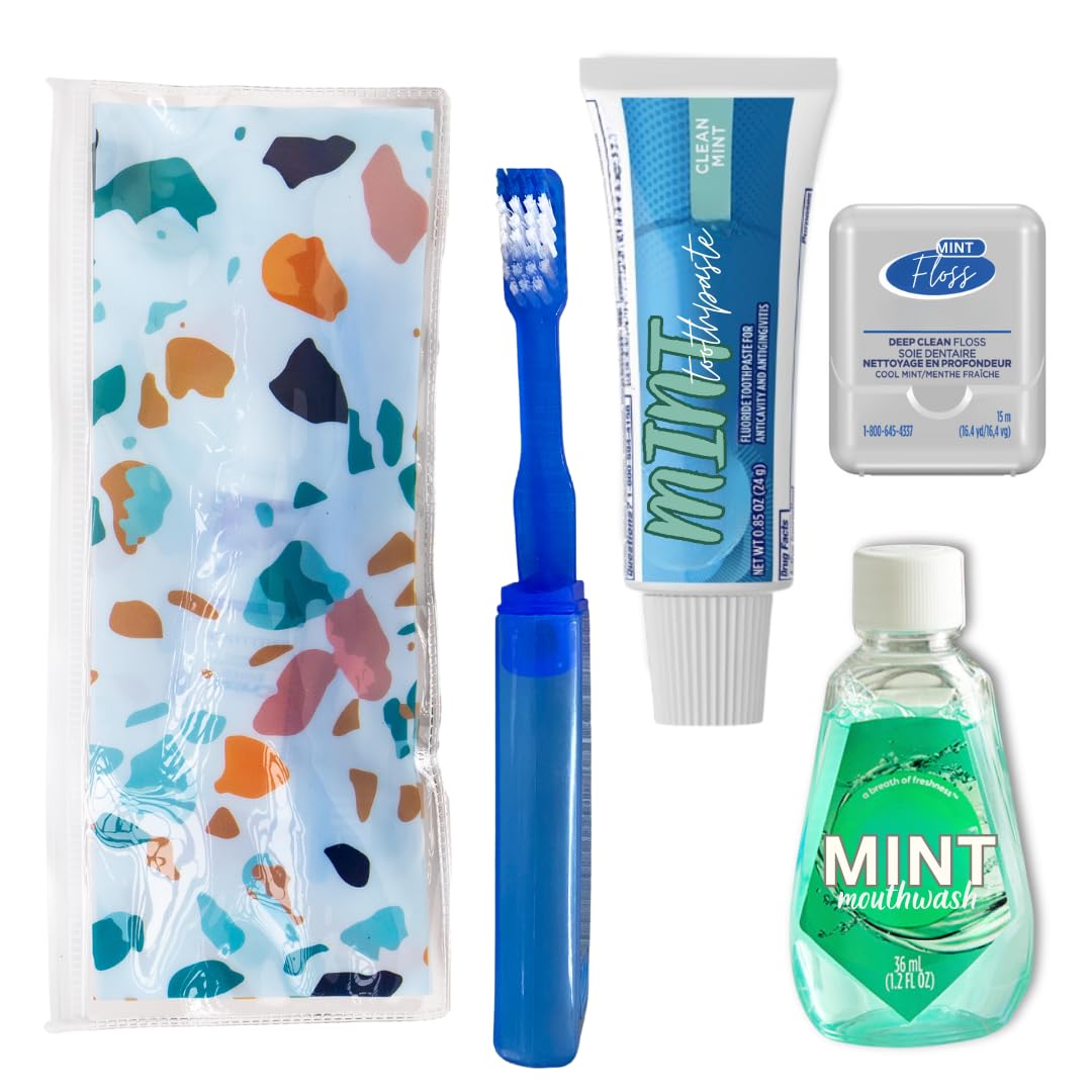 Dental Travel Kit with Toothbrush Travel Sized Toothpaste Mouthwash and Floss in a Reusable Zipper Pouch TSA Approved - Jumarald Pharmacy & Wellness Dental Travel Kit with Toothbrush, Travel Sized Toothpaste, Mouthwash and Floss in a Reusable Zipper Pouch (TSA Approved)