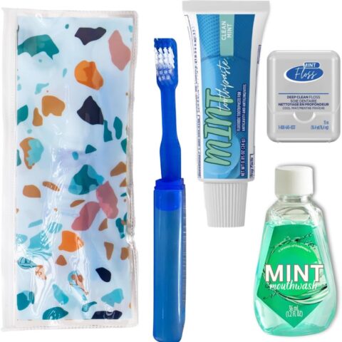 Dental Travel Kit with Toothbrush, Travel Sized Toothpaste, Mouthwash and Floss in a Reusable Zipper Pouch (TSA Approved)