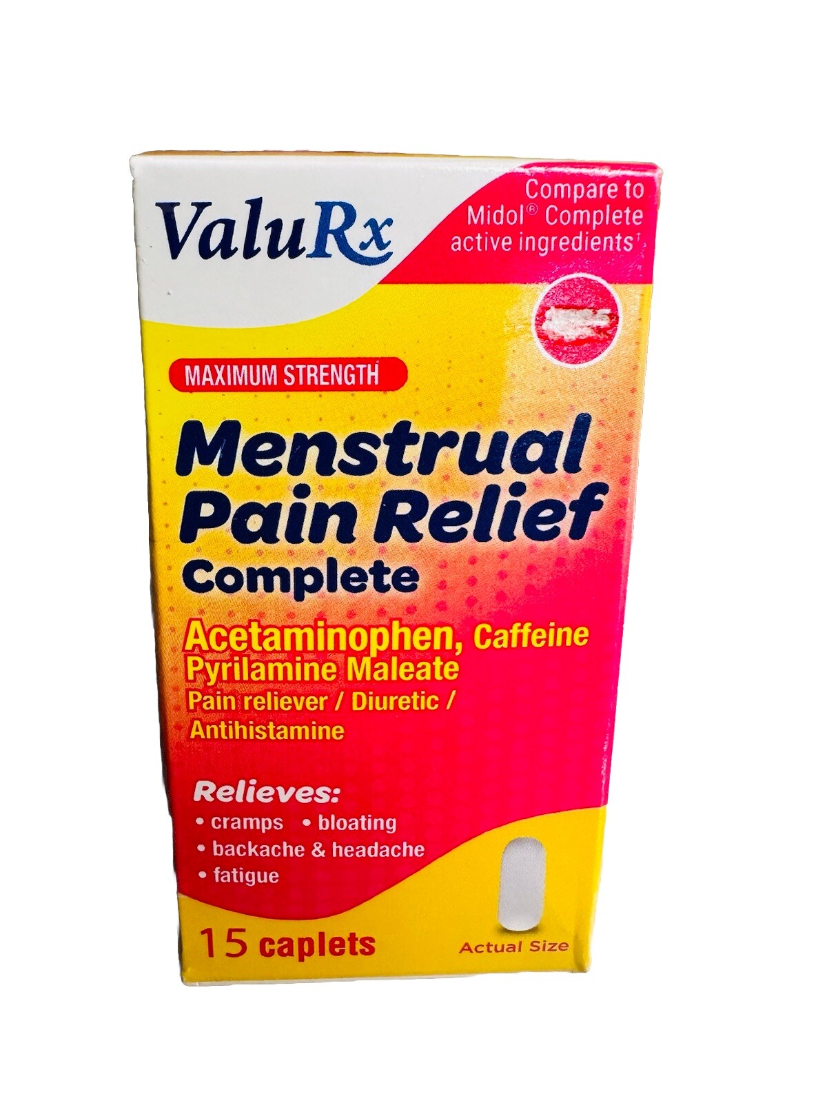 ValuRx Menstrual Pain Relief Complete 1pk of 15 Caplets -Brand New-SHIPS N 24 H - Jumarald Pharmacy & Wellness ValuRx Menstrual Pain Relief Complete 1pk of 15 Caplets -Brand New-SHIPS N 24 H