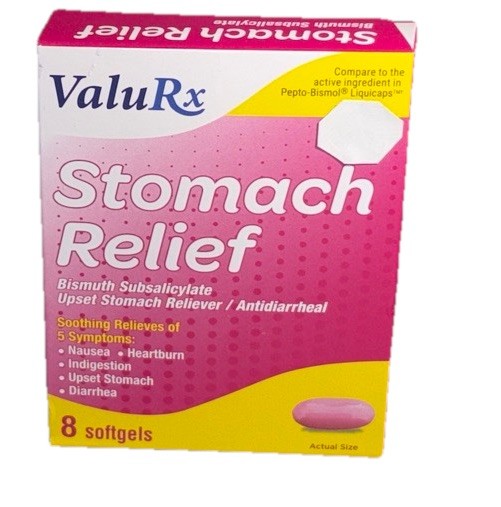 ValuRx Stomach Relief-Upset Stomach ReliefDiarrheaNausea-8 Softgels-NEW - Jumarald Pharmacy & Wellness ValuRx Stomach Relief-Upset Stomach Relief/Diarrhea/Nausea-8 Softgels-NEW
